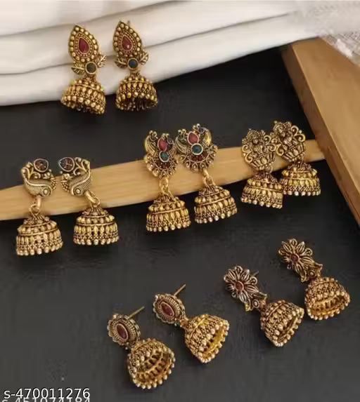 Gold-Plated Fancy Earrings Set for Women – Traditional South Indian Jhumka & Ethnic Earrings (Pack of 6)