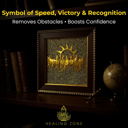 HEALING ZONE 7 Horses on Raw Pyrite Frame – Astrology & Vastu Decor