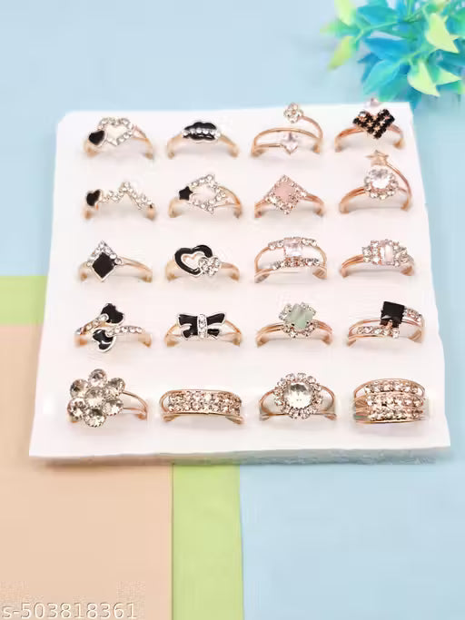 Fancy Gold & Silver Plated Rings Set for Women & Girls – Multi-Size Stylish Finger Rings Combo (Set of 20)