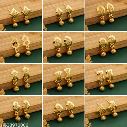 12 Pair Gold-Plated Earrings Combo Set for Women & Girls – Studs & Bali Earrings Daily Wear Jewellery