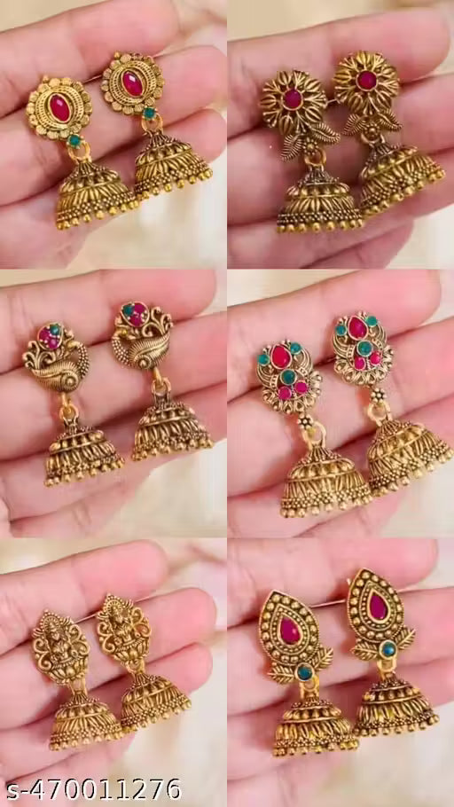 Gold-Plated Fancy Earrings Set for Women – Traditional South Indian Jhumka & Ethnic Earrings (Pack of 6)