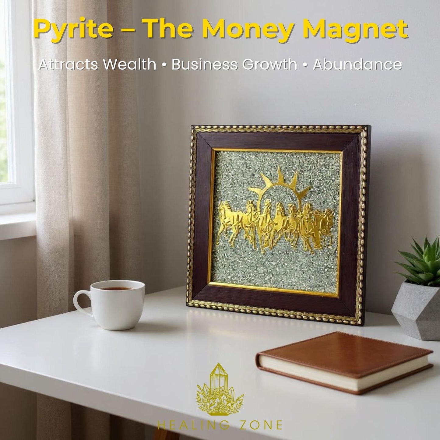 HEALING ZONE 7 Horses on Raw Pyrite Frame – Astrology & Vastu Decor