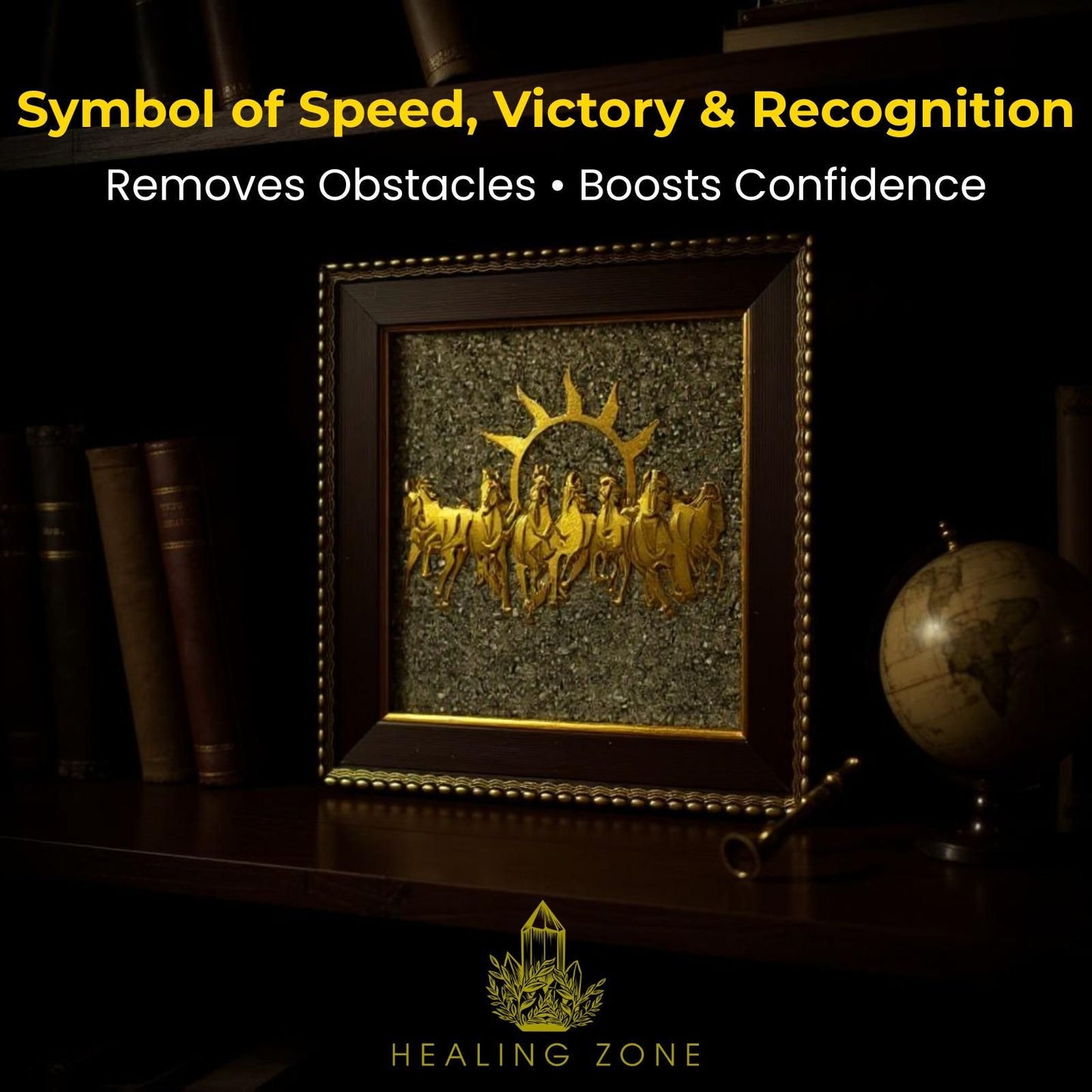 HEALING ZONE 7 Horses on Raw Pyrite Frame – Astrology & Vastu Decor