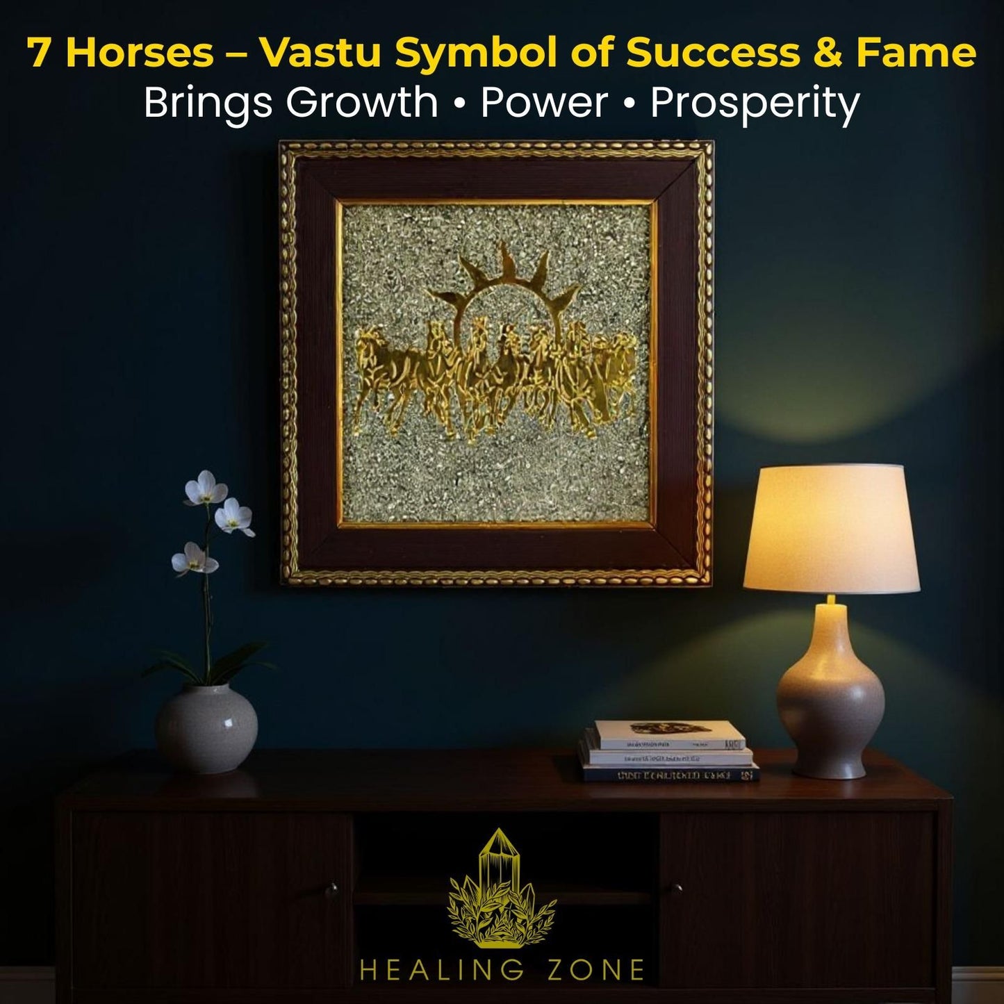 HEALING ZONE 7 Horses on Raw Pyrite Frame – Astrology & Vastu Decor